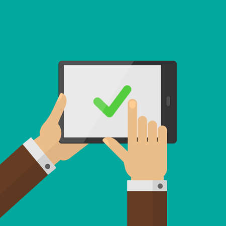 Check mark on tablet screen. Hand holding tablet with checkmark, finger touching screenのイラスト素材