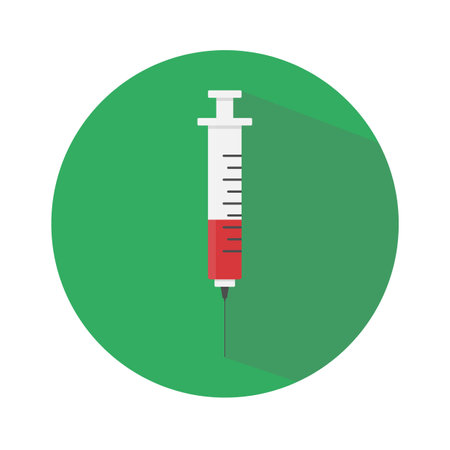 Medical syringe vector icon on round badge with long shadowのイラスト素材