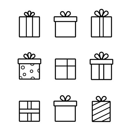 Gift boxes vector icons. Box for gift and present gift box in linear styleのイラスト素材