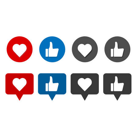 Thumbs up and down, heart signs on colorful round flat vector icons. Set of like buttonのイラスト素材