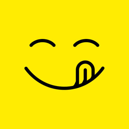 smile with tongue on yellow background. concept of grin, smile world day, language, great food, enjoy food, foodie, flavor, social network emoji. flat styleのイラスト素材