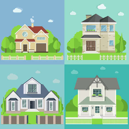 set of four cute houses with trees. Vector flat designのイラスト素材