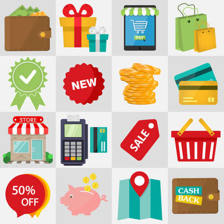 Shopping Flat icon set for Web and Mobile Application. vectorのイラスト素材