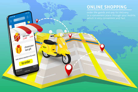 Delivery online tracking isometric banner concept with smartphone, parcel, bike delivery, pin on map background. Delivery of logistic orders 3d design. Vector illustration for web, mobile app, advertising.のイラスト素材