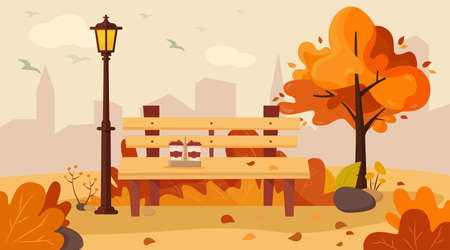 Vector illustration of a beautiful autumn city park with town building background. Evening in the park flat designのイラスト素材