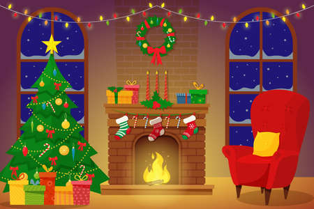 Christmas interior of the living room with a Christmas tree, gifts and a fireplace. Vector illustration in a flat styleのイラスト素材