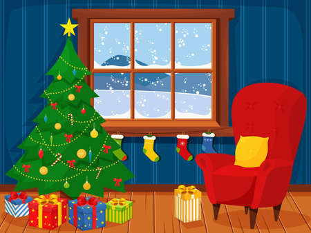 Christmas interior of the living room with a Christmas tree, gifts and a fireplace and single soft armchair with pillow. Vector illustration in a flat styleのイラスト素材