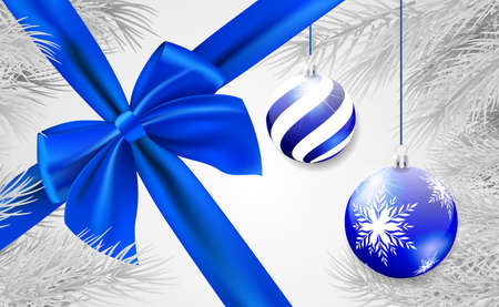 Christmas and New Year background with blue bow, Blue christmas balls, fit branch. Vector illustration.のイラスト素材