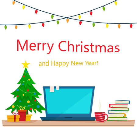 Christmas office workplace. Table with computer, gifts, christmas tree, books and a cup of hot coffee or tea. Freelancer workspace. Flat cartoon style vector illustration.のイラスト素材