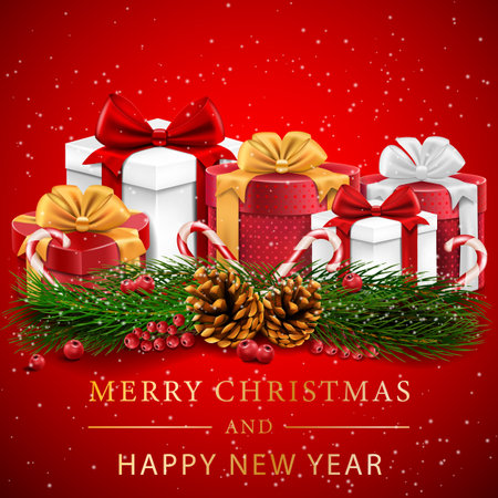 Christmas holiday gifts with gold, red, silver bows, fir branches, pine cones and snow on a red background. The illustration can be used for Christmas designs, posters, cards, websites and bannersのイラスト素材