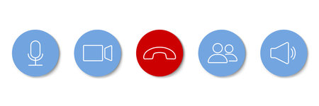 Set of Video call icons. Video conference. Collections buttons of on-line video chat app, internet talk, call technology. Web app ui display template. Videoconferencing and online meeting workspaceのイラスト素材