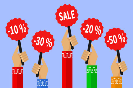 Concept of discount. A lot of hands holding placards with sales. Colorful Vector Illustration in flat styleのイラスト素材