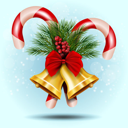 Christmas candy cane decorated with a bow and tree branchesのイラスト素材