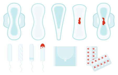 Female menstrual cycle, flat icon set. Pads, tampons, menstrual cup, period calendar, pills and other feminine hygiene items. The female menstrual cycle. Vector illustrationのイラスト素材
