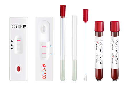 Tests for coronavirus. Sterile Test tube with cotton swab for specimens, test tube with blood, Rectangular express test. positive and negative. Vector set of 3D realistic illustration.のイラスト素材