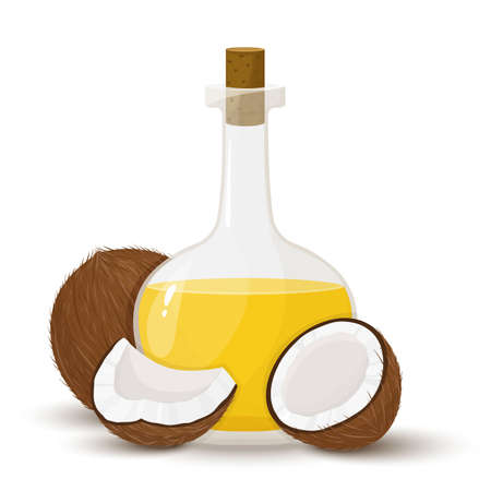 Coconut oil in glass bottle. Coconuts whole and broken nut. Flat illustration vector isolated on white background. Organic healthy product. Cosmetic product.のイラスト素材