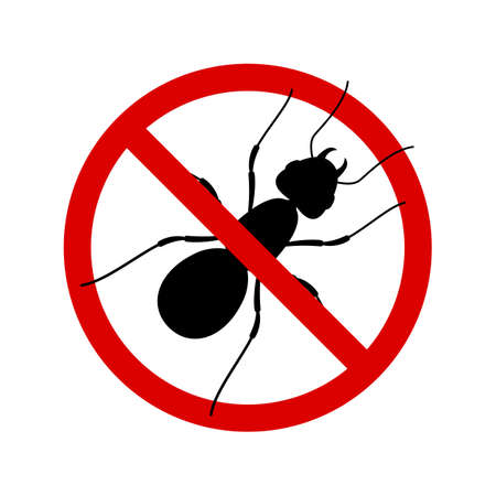 No ant with ban sign. Anti ant pest control ban, prohibition insects silhouette vector. Stop ant insects vector icon, isolated on white backgroundのイラスト素材