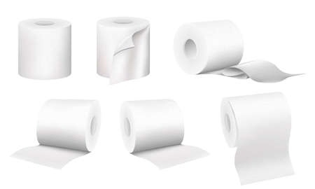 Realistic toilet paper roll set isolated on white background. Collection of soft textured sanitary napkin in different angles and positions, 3D illustrationのイラスト素材