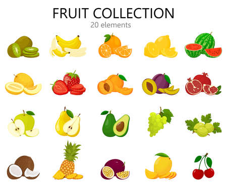 Set of fruits isolated on white. Fresh and bright fruits icons, flat style. Cute cartoon fruits collection, Vector illustration.のイラスト素材