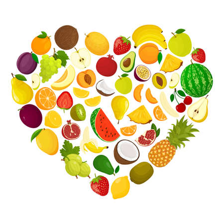 Creative layout with heart shape of various fruits. Heart made from grapes, peach, watermelon, melon, strawberry, lemon, apple, plum ... Flat style.のイラスト素材