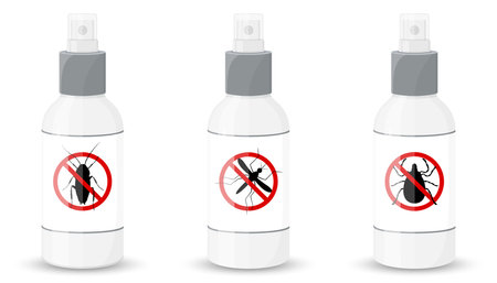 Bottle with sprayer against cockroaches, mosquitoes, ticks, isolated on white background. vector flat illustrationのイラスト素材