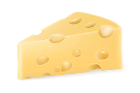 Volumetric piece of cheese with holes, isolated illustration on white background. Realistic 3D vector. Emmental or Cheddar hard cheese slice, triangular piece with holes for dairy food designのイラスト素材