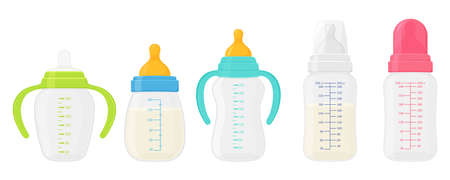 Baby milk bottle set, isolated on white background. Colorful bottles for feeding a newborn baby differents shape with pacifier nipples, color plastic handles and measurement scale volume.のイラスト素材