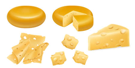 Set of cheese wheels and slices isolated on white background. Food object, realistic 3D vector. Cheese head, cubes and pieces of hard cheese isolated on white background.のイラスト素材
