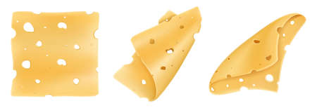 Cheese slices isolated on a white background. Pieces of hard cheese with holes. Realistic 3D vector illustration.のイラスト素材