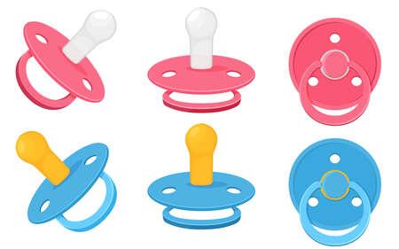 Set icons of pacifier baby dummy care nipple for newborn child, nipples dummies blue for boy and pink for girl in different view position isolated on white background. Vector illustration.のイラスト素材
