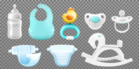 Baby care accessories. Realistic childish isolated items, hygiene products baby bottle for milk, pacifiers for newborns, nipples, child's wooden rocking horse, baby bib, rattle, diapers. Vectorのイラスト素材