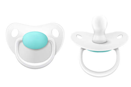 Baby dummy in different projections. Newborn kids care products and items set. Childhood accessories. Nipple, pacifier for infant. Realistic 3d Vectorのイラスト素材
