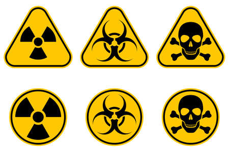 Danger warning set circle and triangle yellow sign. Radiation symbol, toxic sign and Biohazard vector icon isolated on white background.のイラスト素材