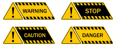 Black and Yellow Danger Warning Sign. Caution icon. Hazard stikcers with exclamation mark, attention icons, vectorのイラスト素材