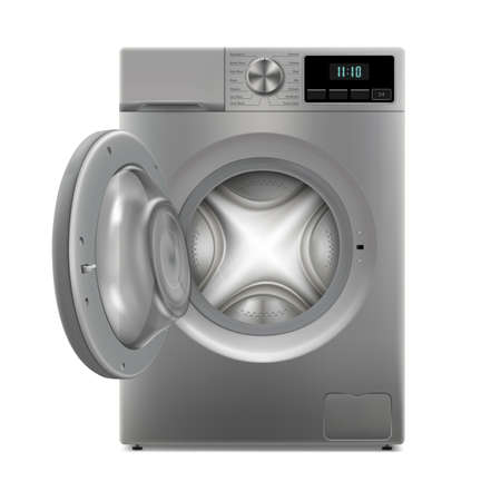 Washing machine isolated on white background. Front view, close-up. 3d realistic washing machine. The door opened. Home electronic device, household appliances for washing clothes at home.のイラスト素材