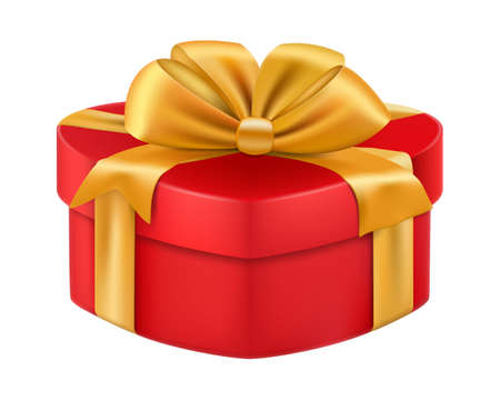 Heart shaped gift box with ribbon, present Isolated on White Background. Realistic 3d vector gift box with gold bowのイラスト素材