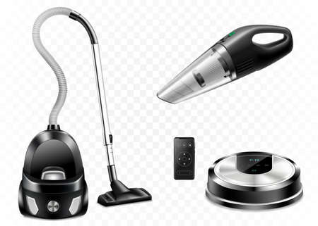 Set of realistic vacuum cleaners of various types isolated on white background, 3d vector illustration. Hand car vacuum cleaner, robotic vacuum cleanerのイラスト素材