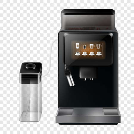 Realistic coffee machine. Household appliance design. Automatic espresso maker, isolated on transparent background. Electronic equipment for cappuccino preparing. Vector 3d illustrationのイラスト素材