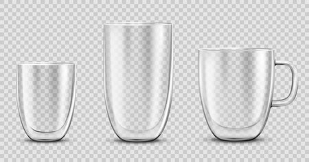 Glass empty coffee cup, isolated on transparent background. Double walled glass mug with hot drink, cappuccino or latte. Mockup for brand advertising.Vector 3d realistic illustrationのイラスト素材