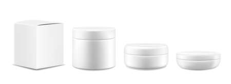 Set of Cosmetic jar with packaging box mockup isolated on white background - front view. Vector 3d realistic illustrationのイラスト素材