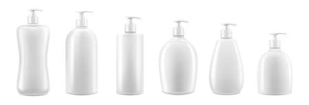Set of blank Cosmetic Bottles Dispensers mockups with pump cap, isolated on white background, realistic 3d vector illustrationのイラスト素材