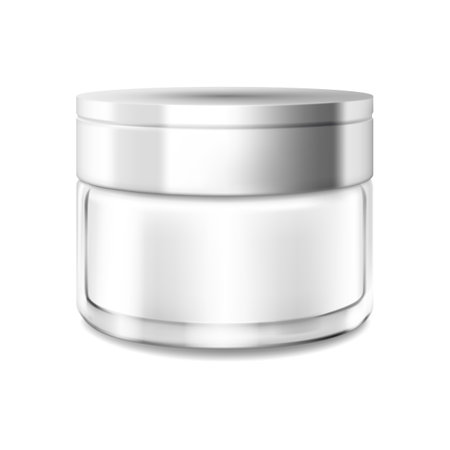 Cosmetic glass jars. Skin care bottles for gel, liquid, lotion, cream. Realistic Cosmetics package mockup, isolated vector illustration.のイラスト素材