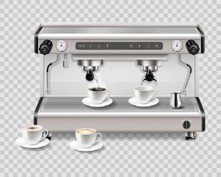 Modern metal professional coffee machine with white porcelain cups, front view realistic 3d rendering isolated on white background. Espresso cappuccino coffee maker steam frothing machineのイラスト素材