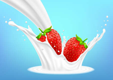 Milk splash and strawberry 3d vector object. Natural dairy products Appetizing strawberries with green leaves falling into milk with splashes. Realistic illustration on blue backgroundのイラスト素材