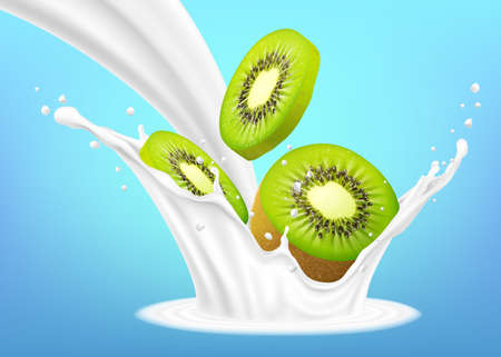 Realistic kiwi with milk splashes and drops. 3d Vector illustration, isolated on blue background. Ready to use for your design.のイラスト素材