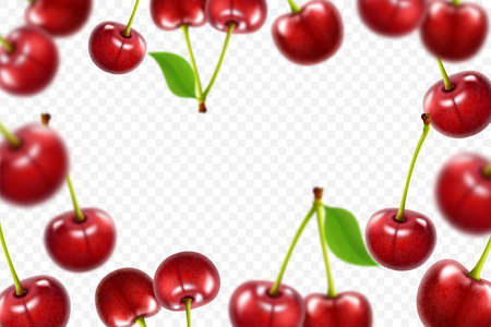 Flying red cherry background. Realistic 3d quality vector. Collection set of Cherries isolated on a...