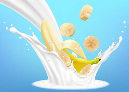 Banana with milk or yogurt splashes and drops. Realistic 3d vector illustration, isolated on blue background. Ready to use for your design.のイラスト素材