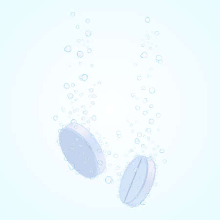 Tablet with bubbles. Effervescent dissolving   tablets in carbonated water. Effervescent soluble tablets. Sparkling water bubble trails. Realistic 3d vectorのイラスト素材