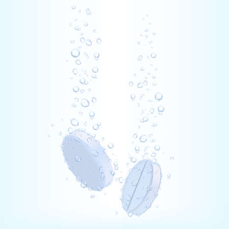 Tablet with bubbles. Effervescent dissolving tablets in carbonated water. Effervescent soluble tablets. Sparkling water bubble trails. Realistic 3d vectorのイラスト素材