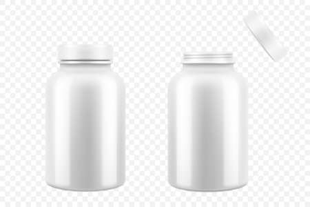 Opened and closed white plastic medical pill bottles, 3d realistic vector illustration. Mock Up Template set of medicine package for pills, capsule, drugs, isolated on white backgroundのイラスト素材